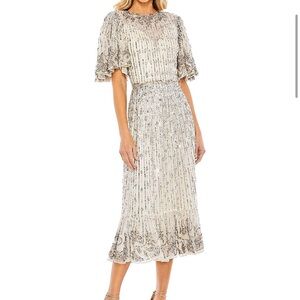 Mac Duggal sequin flounce sleeve midi dress